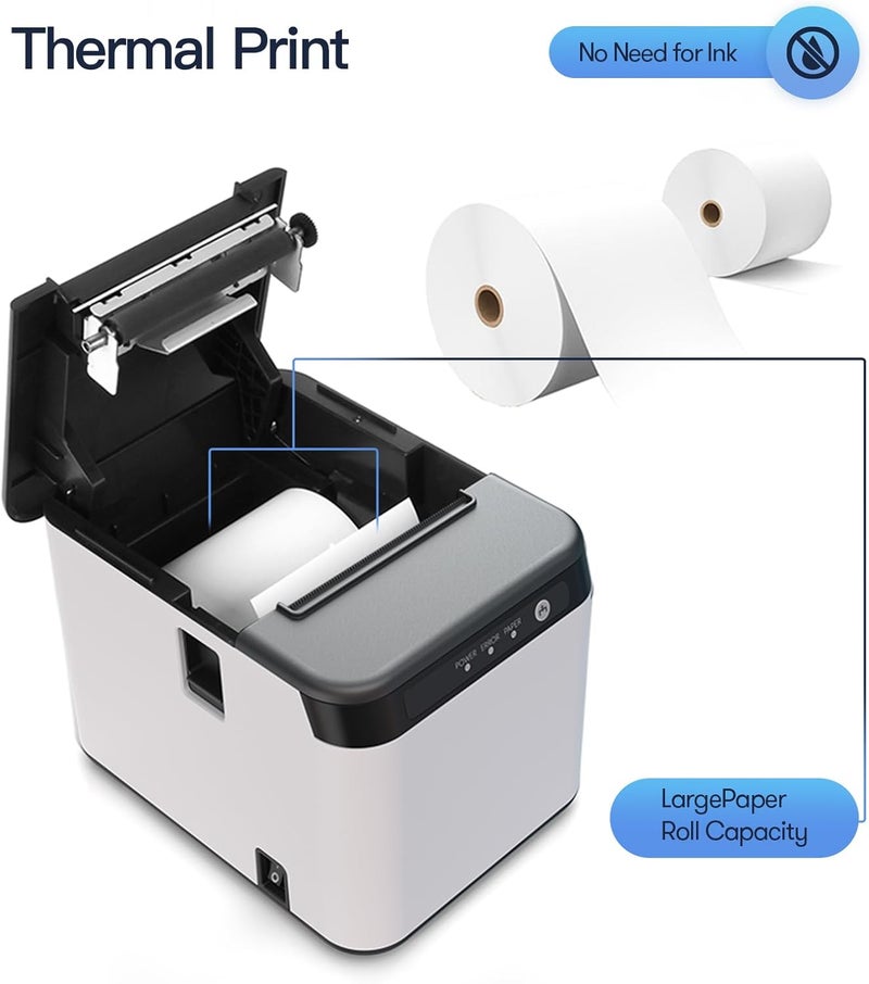 Bisofice طابعة إيصالات 80 مم طابعة حرارية ESC/POS طابعة مكتبية طباعة مباشرة اتصال USB + LAN كفاءة عالية مع قاطع تلقائي سلة ورق كبيرة للأعمال التجارية والشحن والمطاعم والمطابخ والسوبرماركت - Image 3